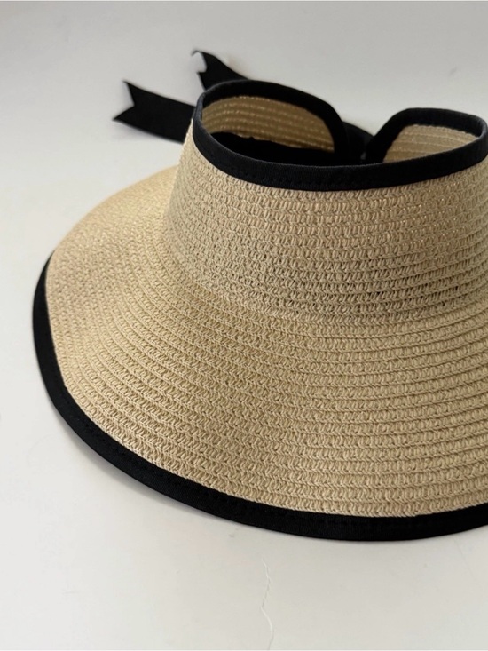 Serra Accessories - Serra Wide Brim Visor Beach Hat Beige Black Bow Women's Paper Polyester One Size